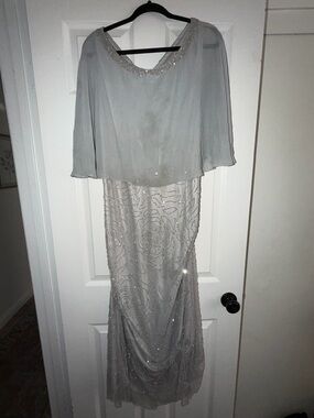 Embellished Silver Evening Dress with Capelet